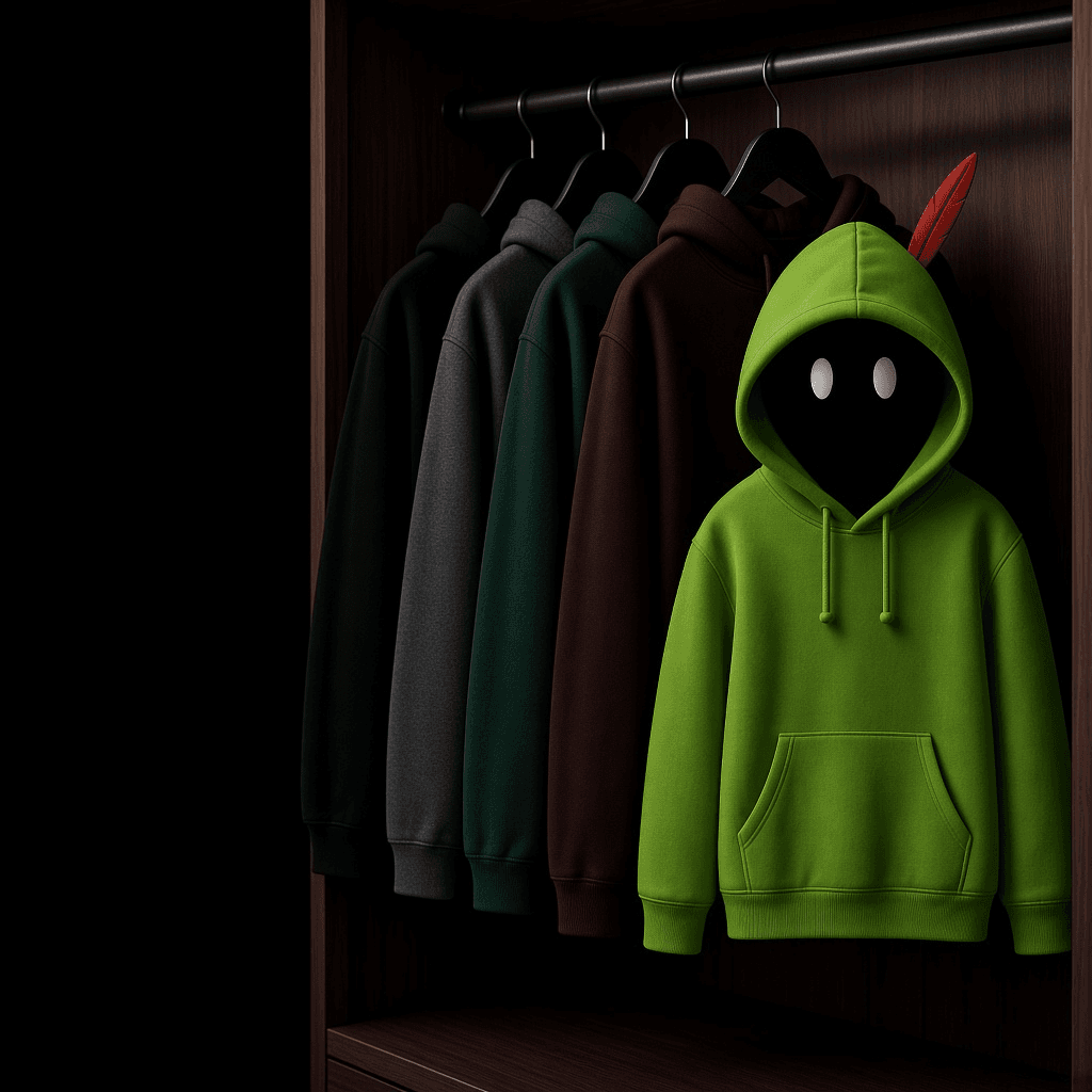 A dark closet of HOODS pullovers hanging on hangers, lime hero in front