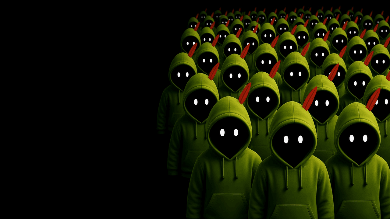The HOODS crew in lime hoods, standing together in the dark