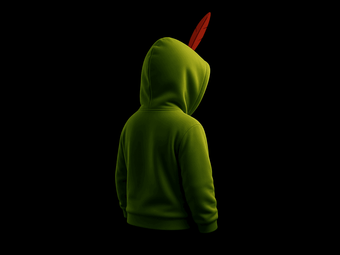 Empty HOODS hoodie standing in the dark from behind, red feather on the hood