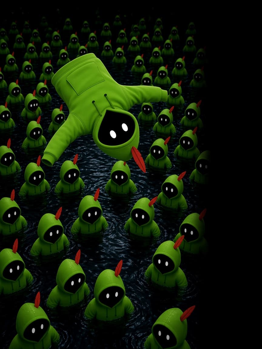 A HOODS mascot diving into a pool of identical lime hoods